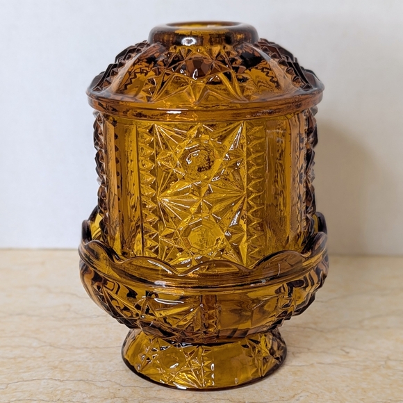 Vintage Indiana Glass Stars & Bars Amber Fairy Lamp Candle Holder - Picture 4 of 12
